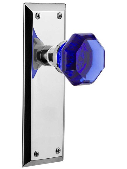 New York Door Set with Colored Waldorf Crystal Glass Knobs Cobalt Blue in Polished Chrome.